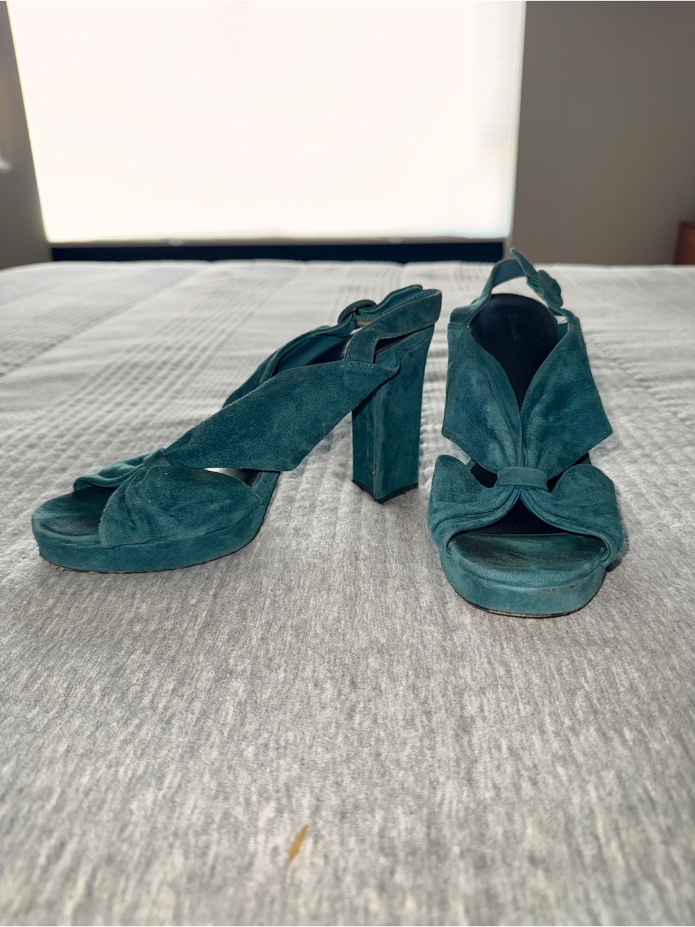 Diane von Furstenberg Teal Suede Knot Peep-Toe Flats